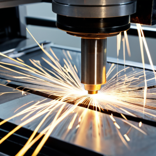 Home 18 **
A modern CNC milling machine in action, cutting intricate shapes into a block of metal, with sparks flying and a focus on the precision of the process.
**