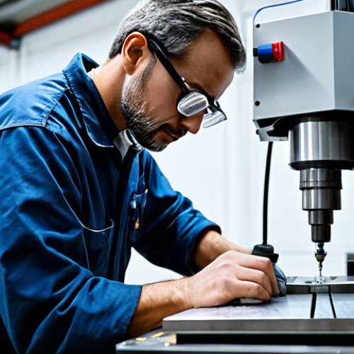 Home 10 Skilled Machinist at Work**
A professional machinist fully clothed in work attire, carefully operating a CNC milling machine in a well-lit workshop. Safety glasses and ear protection are in place. Focus on precision and expertise. Safe for work, appropriate content, professional. Perfect anatomy, correct proportions, natural pose.
**